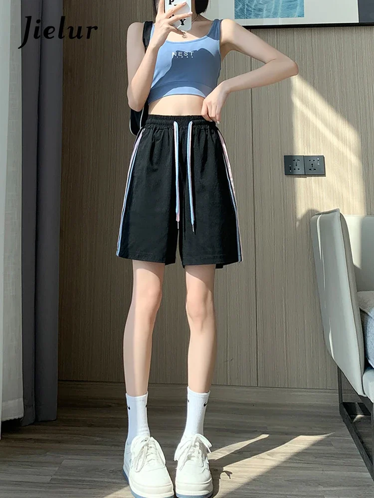 Jielur Side Stripe Pink Shorts Women Summer Loose Drawstring Sports Shorts High Waist Simple Wide Leg Casual Short Pants Female