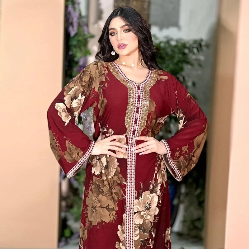 2023 Muslim Abaya Femme Print Rhinestone Fuchsia Abayas for Women Dubai Women's Dress Evening Dress for Middle East Arabia