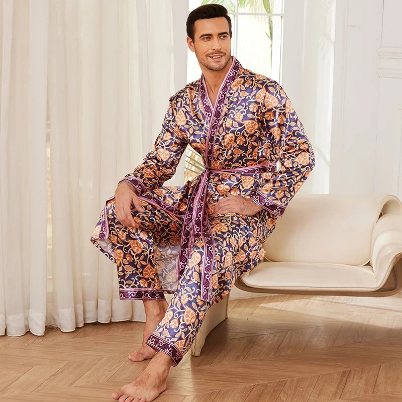Long Sleeve Men's 2PCS Pajamas Set for Spring Autumn Print Kimono Bathrobe Gown Trouser Suits Casual Satin Homewear Loungewear man pajamas set