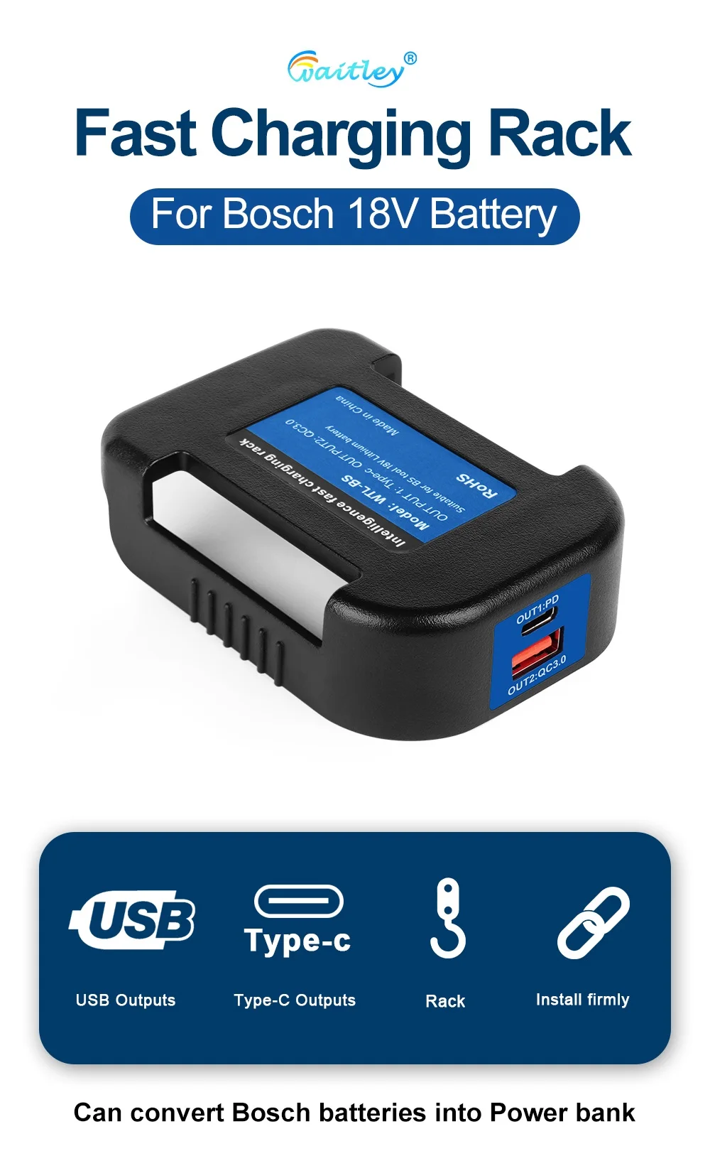 Adapter for BOSCH 18V battery with dual output Convert to power bank fast chargi