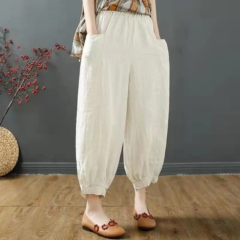 Women Lantern Pants Summer Elastic Waist Cotton Linen Dual Pockets Ankle Length Loose Fit Women Harem Baggy Trousers ripped splice baggy ankle length harem jeans women elastic high waist denim pant casual vaqueros blue trousers korean pantalones