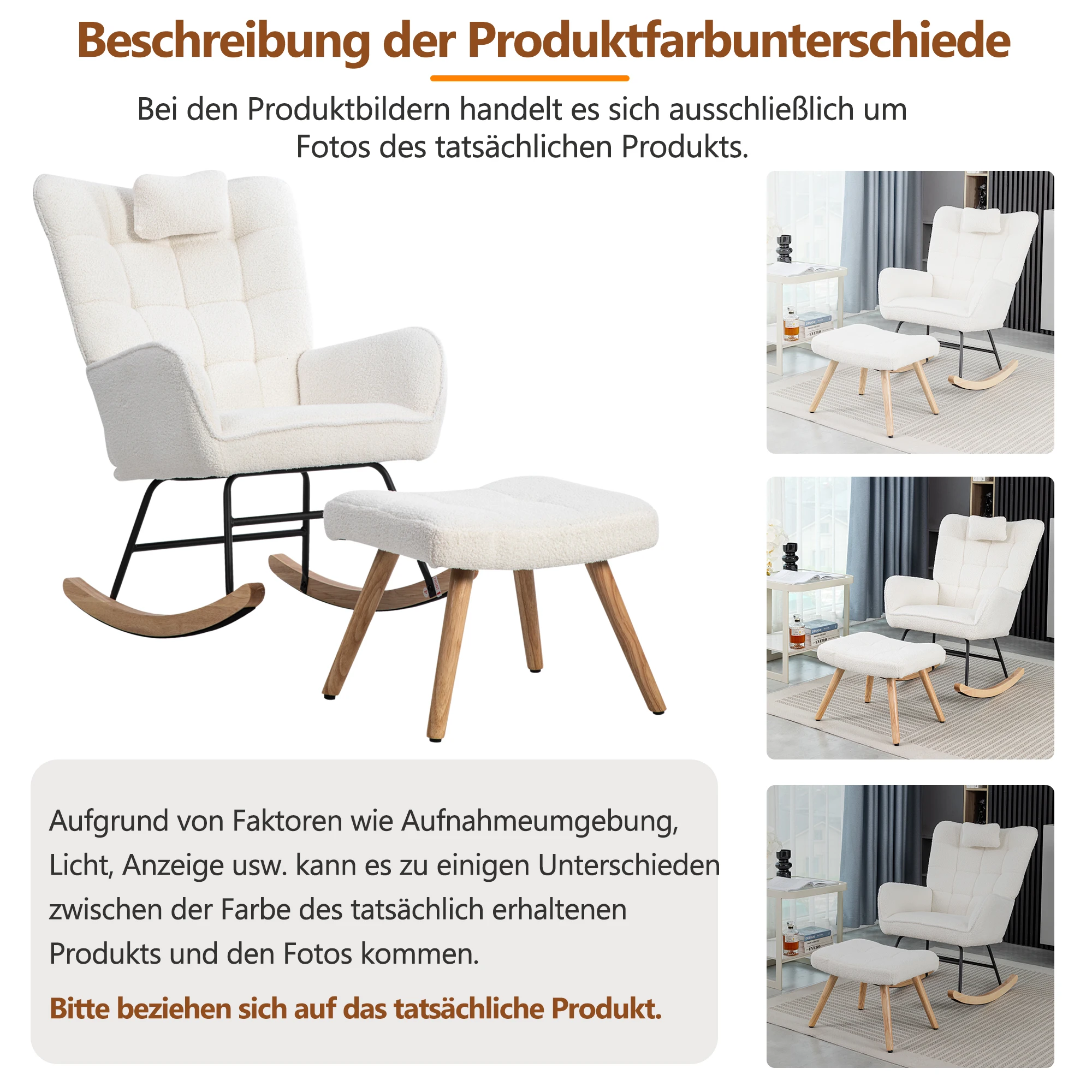 KOMHTOM Ergonomischer Weißer Schaukelstuhl - Sitzbreite 65 cm inkl. 1 Kopfkissen und Fußhocker, stabiles Gummifußgestell – Detail 10