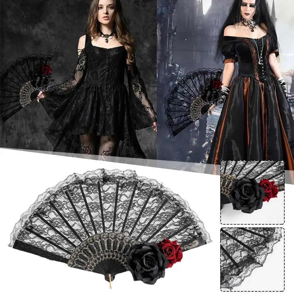 

Retro European Fan Victorian Female Lace Hand Fan Vintage Black Supplies White Bamboo Halloween Rose Party Cosplay Fans Red Q7Y8