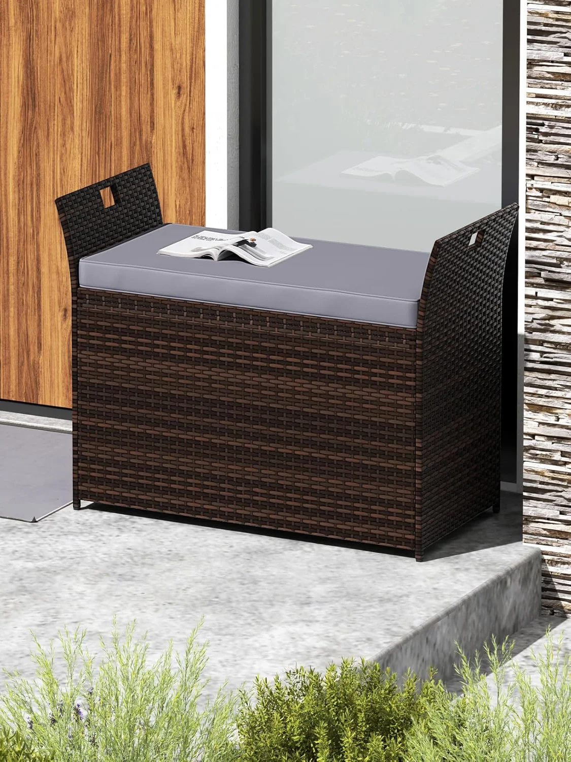 Gartenbank mit Stauraum, Polyrattanbank mit Kissen und seitlichen Griffen, Kissenbox, Aufbewahrungsbox, 2-Sitzer-Balkonbank – Detail 1
