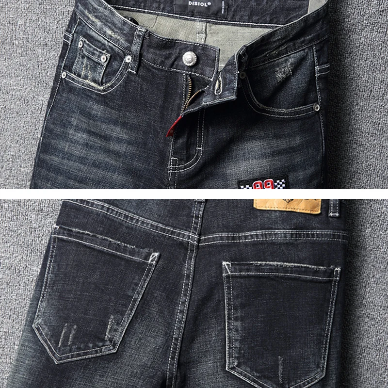 Street Fashion Men Jeans Retro Black Blue Elastic Slim Fit Vintage Ripped Jeans Men Patches Designer Hip Hop Denim Pants Hombre