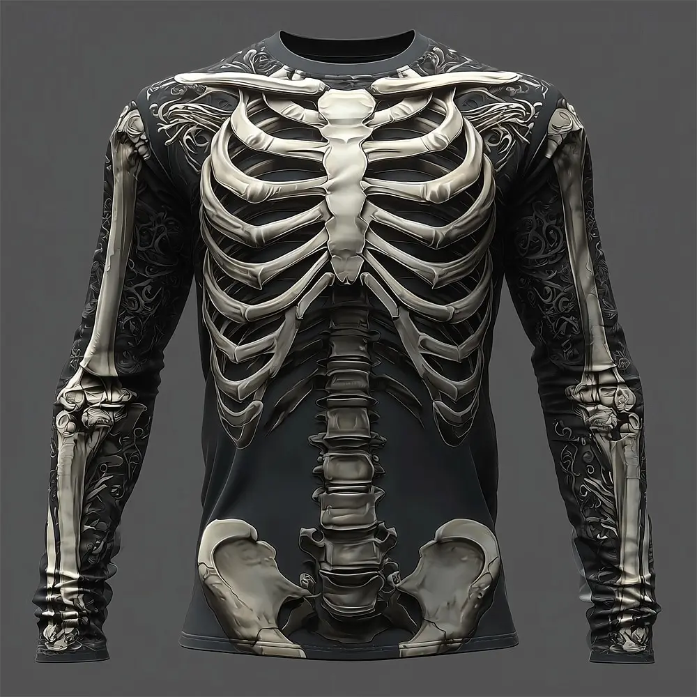 2025 Halloween Skeleton Print Long Sleeve T-Shirt for Men Gothic Trendy Streetwear Casual Tops Halloween Party Tees Fall Winter