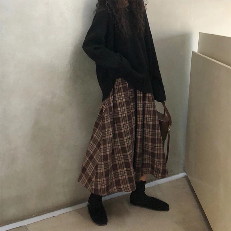 2022 Spring Autumn Korean Women Skirts Plaid Style Loose High Waist Midi A-line Skirt Fashion Streetwear Harajuku Woman Clothing silk skirt