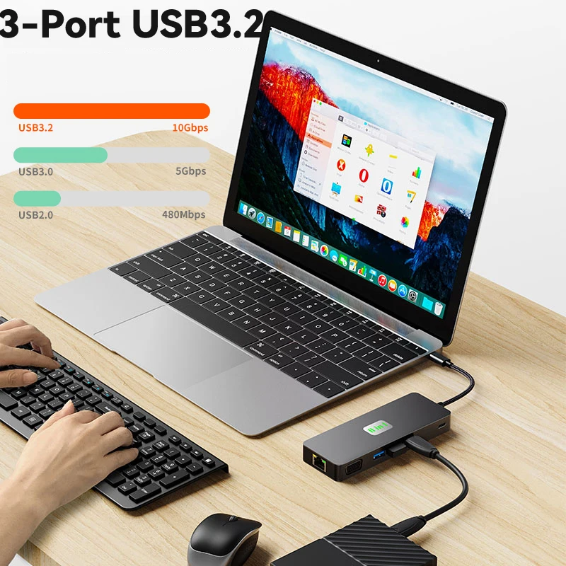 Tebe 11 in 1 MST USB-C Hub Type-c to HDMI-adapter DP VGA Gigabit Ethernet 10Gbps USB 3.2 3.5mm Aux Docking Station Hub Splitter 5
