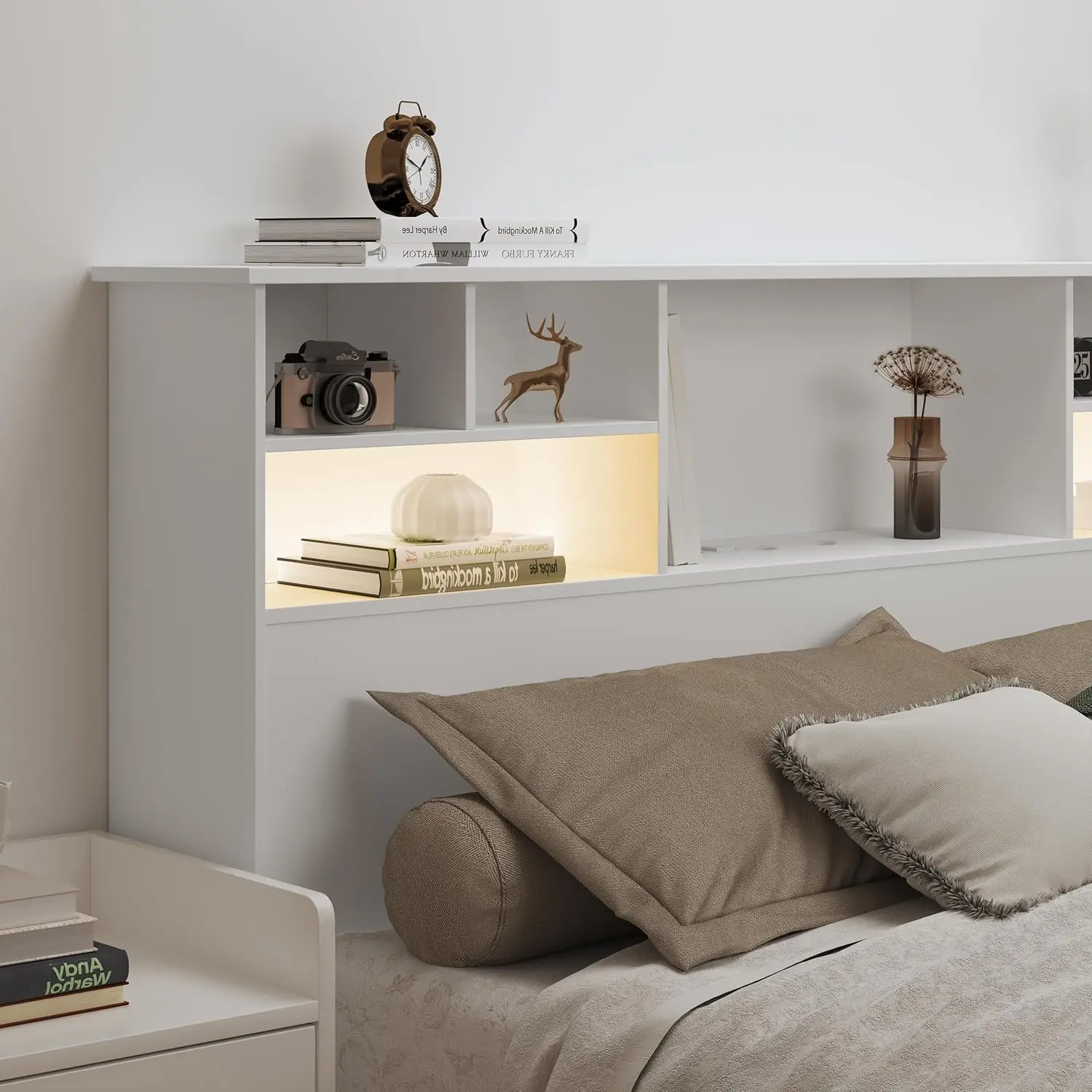 Wood Bookcase Headboard with Charging Station & 2 LED Lights, Stylish Headboards for Queen Size Bed