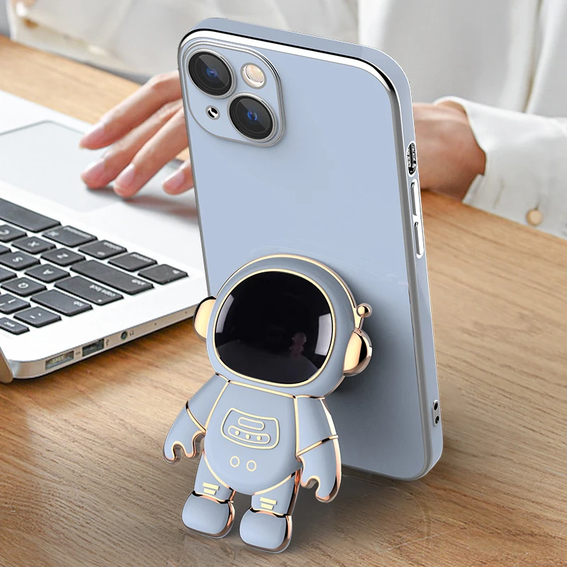 3D Astronaut Telescopic Stand Holder Plating Case For iPhone 13 11 12 Pro Max Mini XS Max X XR 7 8 Plus SE 2020 Silicone Cover cute iphone 11 Pro Max cases