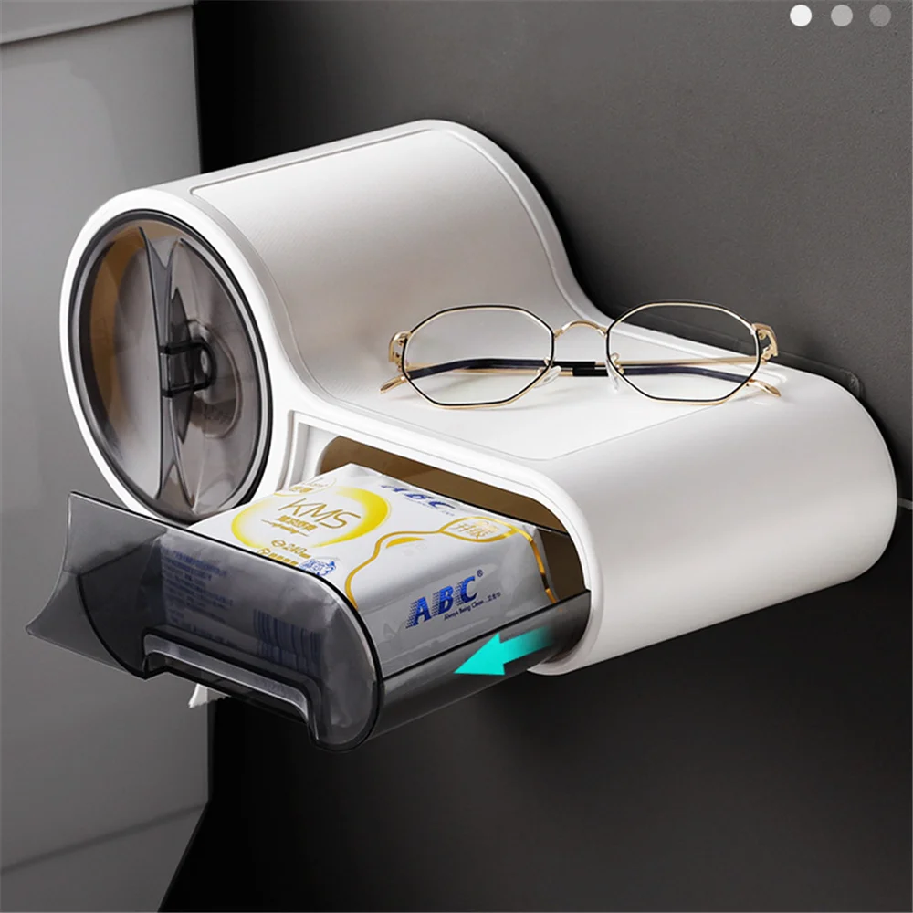 

Toilet Tissue Box Wall-Mounted Paper Holder with Storage Rack Bathroom Waterproof Roll Paper Organizer Case Tray Tube Shelf