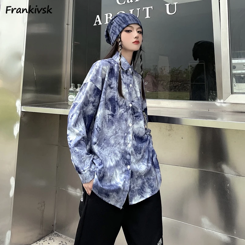 

Tie-dye Shirts Women Vintage Aesthetic Clothing Casual All-match Long Sleeve Comfortable Spring Baggy American Style Daily New