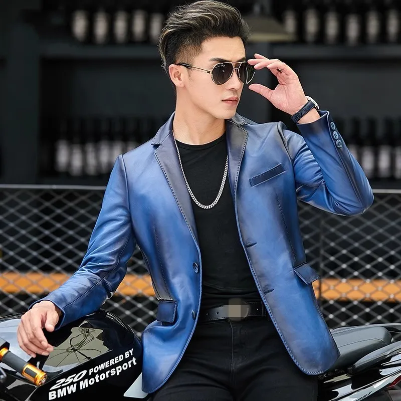 Description Picture 4 of itemDesign Mens Genuine Leather Suit Jacket Slim Fit Turn-Down Collar Single Breasted Spring Real Sheepskin Motorcycle Short Coat