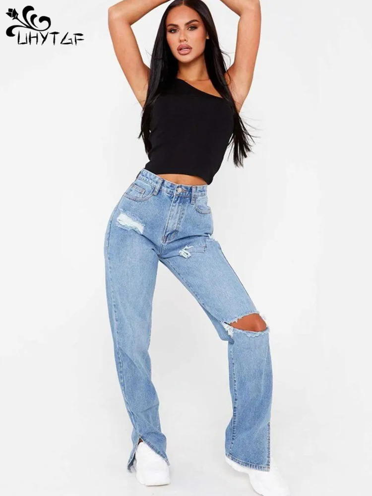 

UHYTGF Jeans Women's Clothing Spring Autumn Ripped Foot Mouth Slit High Waist Straight Fashion Streetwear Female Denim Pants 417