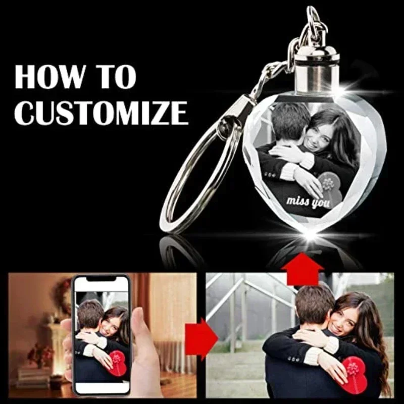 Crystal Keyring with LED Light inside Free Engrave any Design Crystal Blank Key Ring Custom Logo Family Photo DIY Birthday Gifts crystal keyring