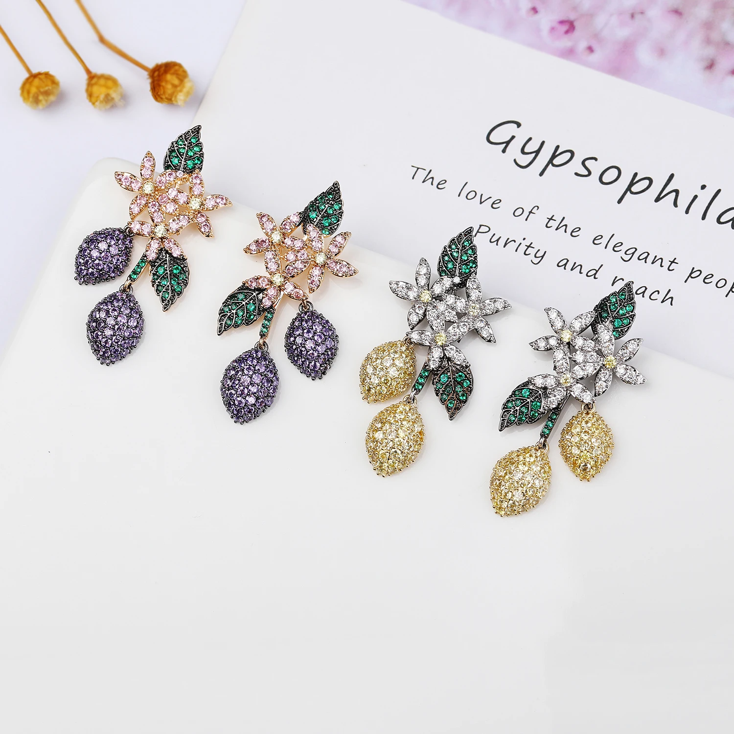 Multicolors Cubic Zircon Strawberry Earrings for Wedding, Crystals Leaves Earring for Party, Women Girl Gift CE11148