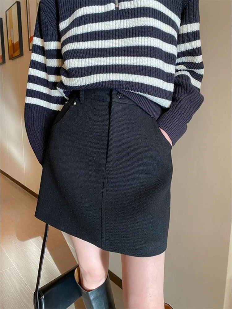 

Vintage Black Woolen Mini Skirt for Women Elegant Fashion High Waist A-line Slim Short Skirt Office Lady Autumn Winter Falda