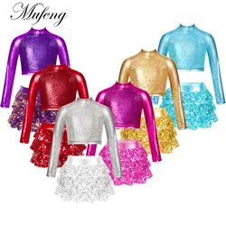 Kids Girls Shiny Sequins Ballet Dance Clothes Long Sleeve Tiered Crop Top+Skirt for Carnival Party Jazz Dance Stage Performance
