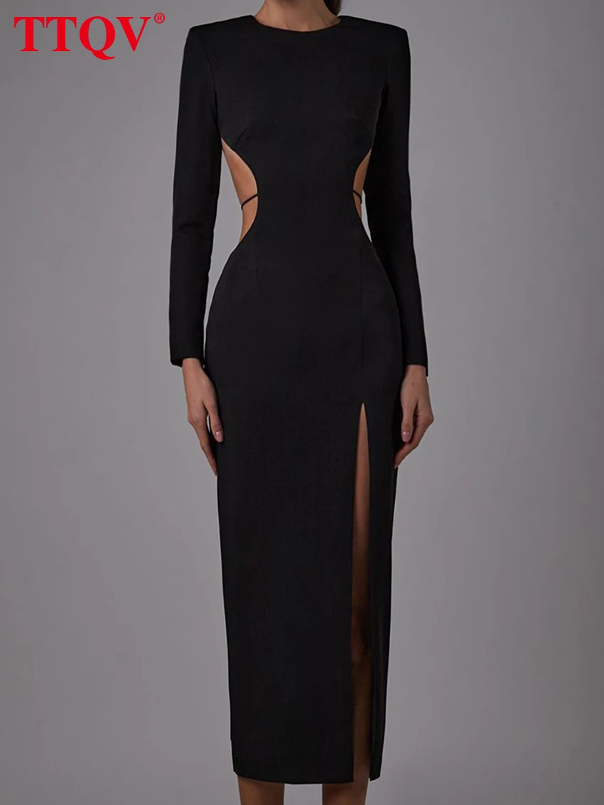 

TTQV Elegant Black Slim Women'S Dress Autumn Open Back Wrist Sleeve Evening Fashion Side Slit Straight Mid-Calf Dresses Female
