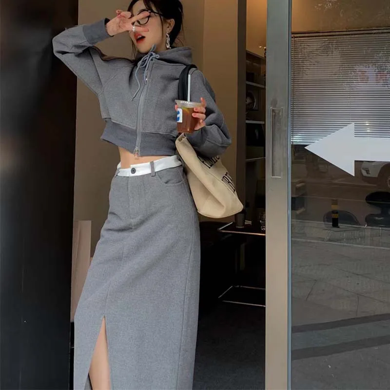 

Women Hooded Zipper Sweatshirt Jacket Skirt Two-piece Suit High Waist Hip Wrap Sweater Slit Casual Dress Sets Short Coat Hoodies
