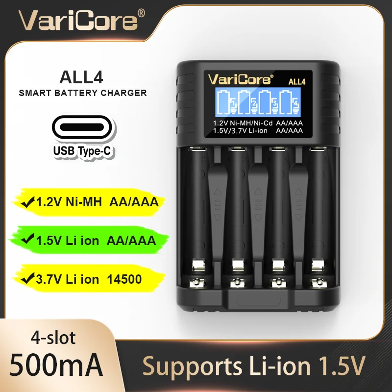 Battery Charger VariCore AA/AAA 4 8-slot LCD ALL4 8 Suitable for 1.2V Ni-MH 1.5V/3.7V Li-ion Batteries