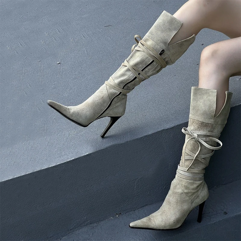 French Women's Knee Length Boots 2022 Winter Pointed Toe High Heel Long Boots Lace-up Design Fashion Street Style Knight Boots