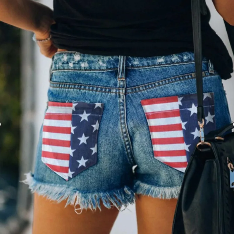 2022 Summer New Women's Ripped American Flag Print Denim Shorts Fashion