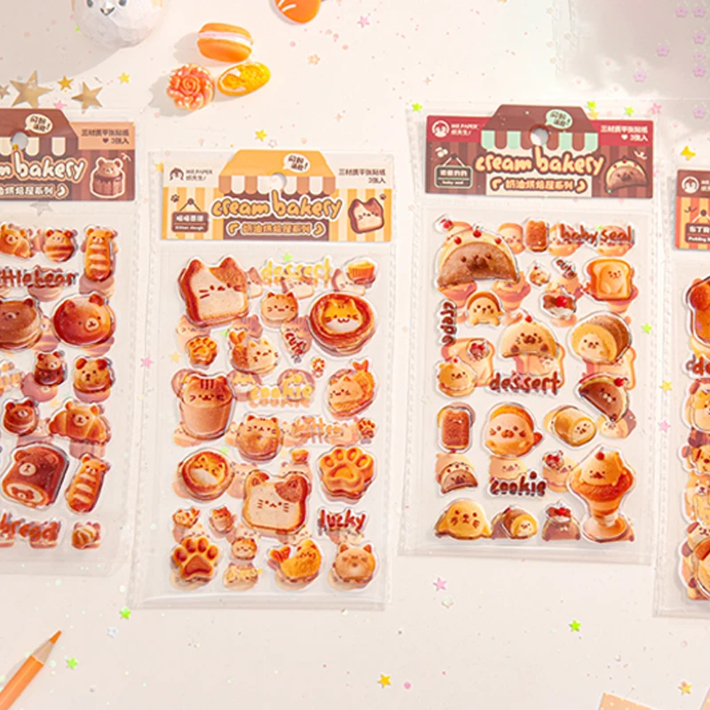 Mr.Paper 3개 크리미 베이커리 스티커, 귀여운 애완동물 일러스트레이션, 다중 소재, 자체 접착식 저널 장식, 창의적인 콜라주 용품