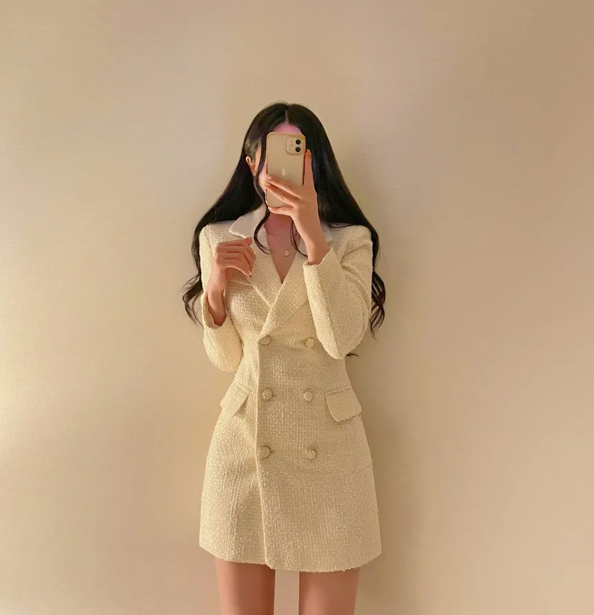Autumn Winter Elegant Tweed Blazer Dress Double Breasted Slim Short Dresses for Women Korean Fashion Office Lady Coat Dress New