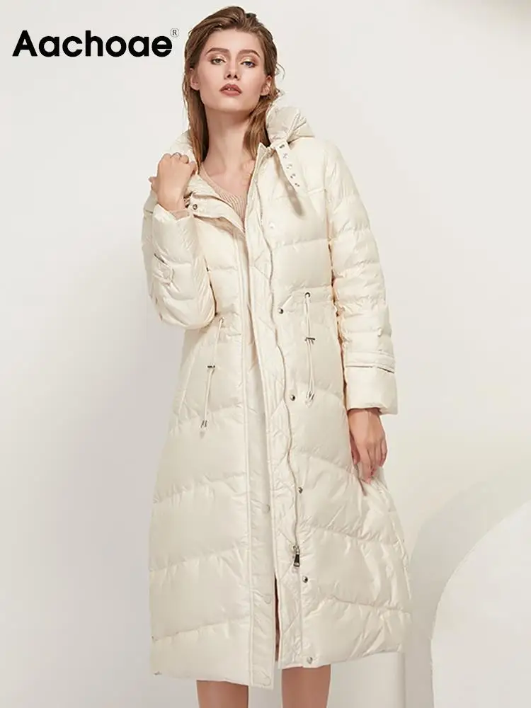 

Aachoae Elegant Ultra Light Duck Down Coat Women Long Sleeve Hooded Padded Coats Lady Solid Stylish Long Puffer Jacket Female