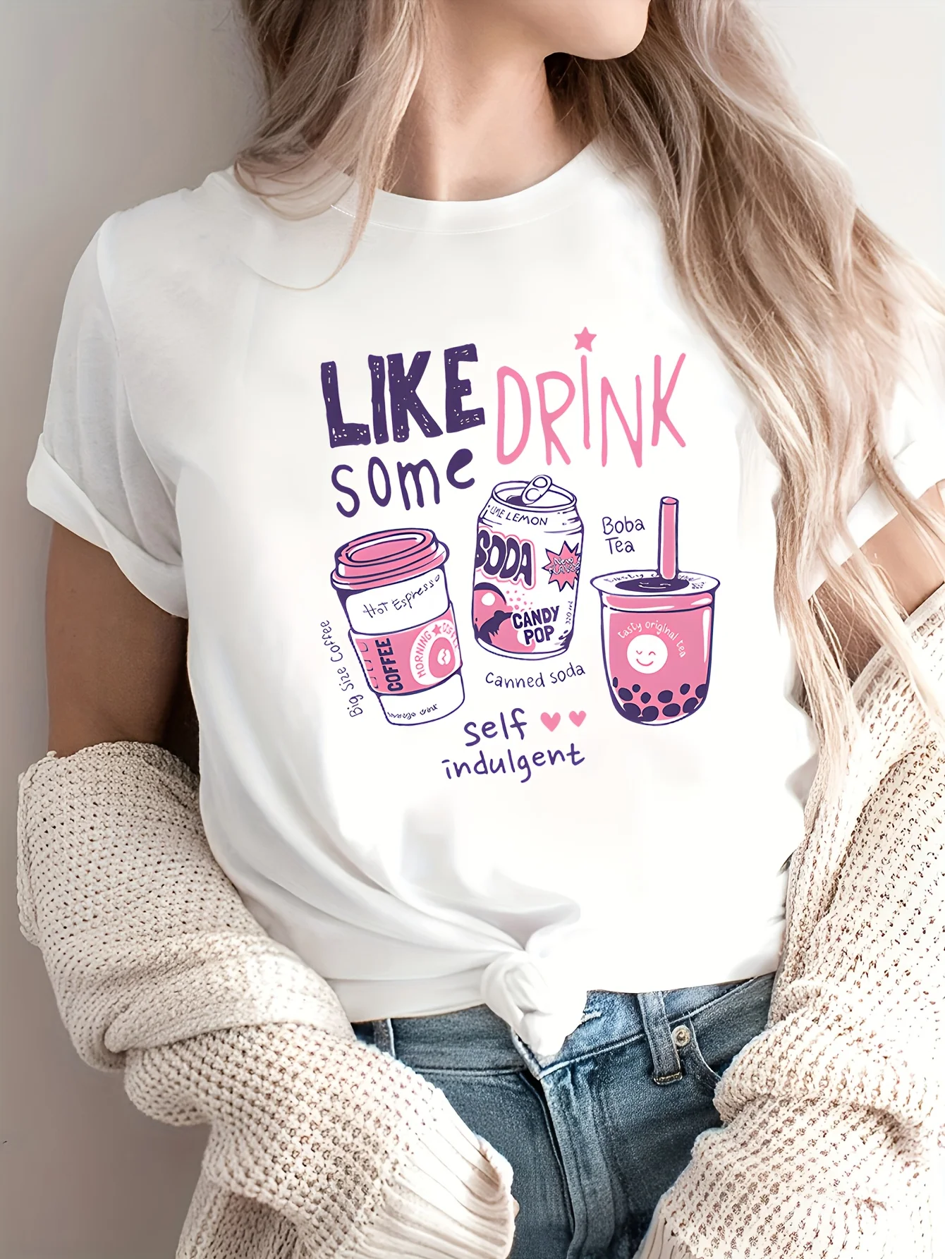 

Drinks Print Crew Neck T-shirt, Short Sleeve Casual Top For Spring & Summer, Women's Clothing