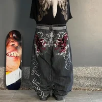 Embroidered oversized dark dragon pattern jeans, retro Harajuku denim trousers, street rock high-waisted wide-leg loose pants 1