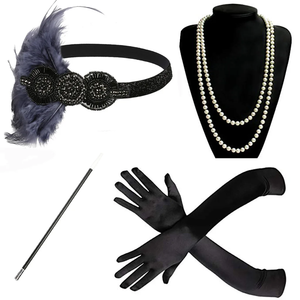 

Retro1920s Flapper Dress Accessories Party Props GATSBY CHARLESTON Headband Pearl Necklace White Feather Band for Wedding 2022