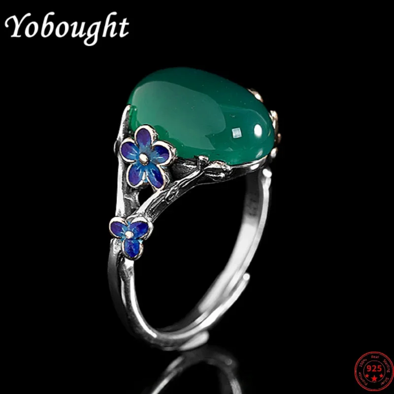 

S925 sterling silver rings for Women New Fashion green chalcedony enamel plum blossom jewelry adjustable free shipping