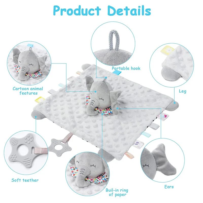 Security Blanket Personalised Baby Elephant Security Blanket with Silicone Teether Organic Cotton Comforter Infant Shower Gifts