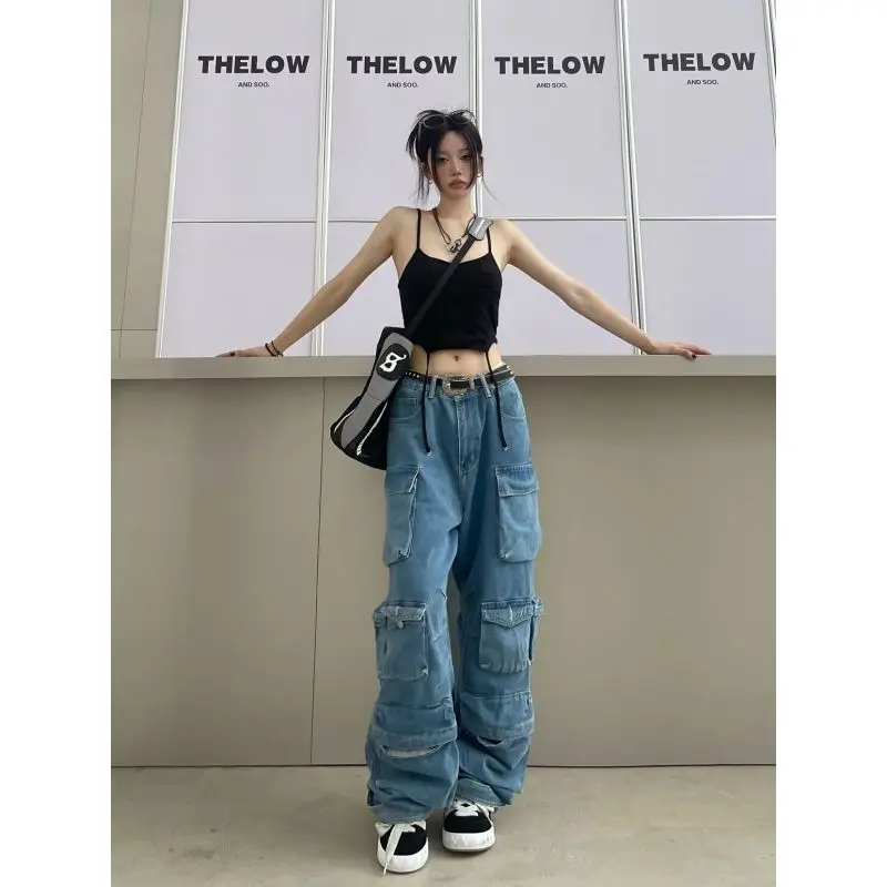 

Multi-Pocket Blue Washed Cargo Pants Y2k Retro High Street Fashion High Waist Jeans Couple Harajuku Simple Casual Wide Leg Pants