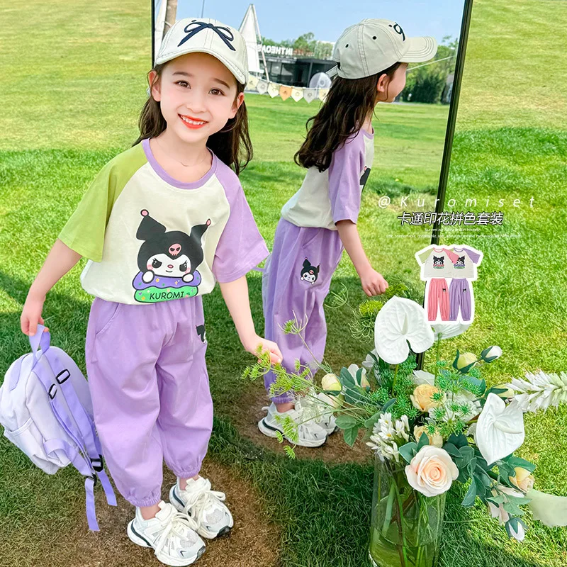 

Костюм брюк Sanrio Kuromi с коротким рукавом, милый Стильный хлопковый костюм с футболкой и леггинсами для девушек, цветной дизайн, на лето