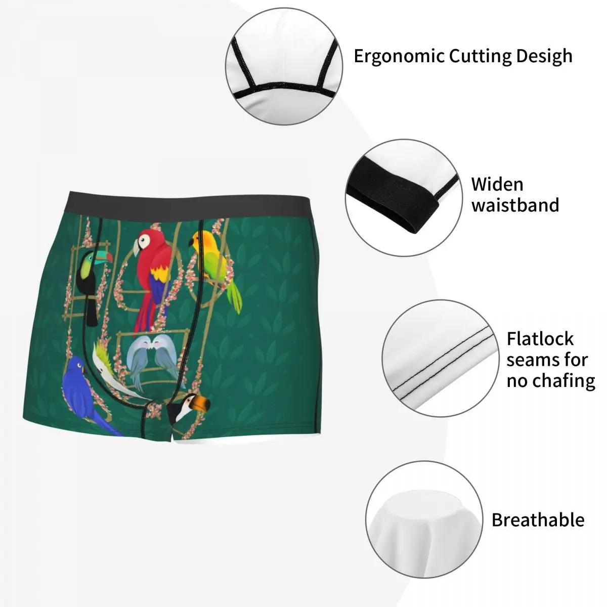 Tropical Getaway Parrot Birds Underwear Men Sexy Printed Customized Cockatiel Budgie Toucan Boxer Shorts Panties