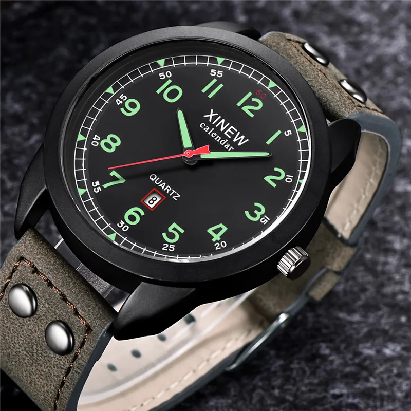 Wholesale 5pcs / lot XINEW Brand Men Watches Black Boys Fashion Casual Leather Band Military Date Quartz Watch Reloj Hombre