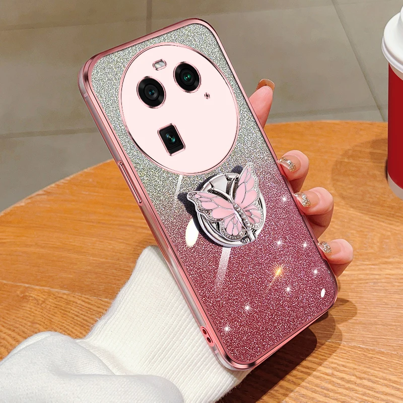 

FIND X6 X7 Cover For OPPO FIND X6 Pro FIND X7 Pro F23 F19 F17 F11 F9 F7 F5 Gradient Butterfly Bling Folding Stand Plating Case