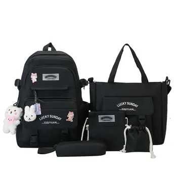 5 Pcs New Large Capacity Backpack Set Breathable Multifunctional Crossbody Bag Buckle Pencil Bag School 1