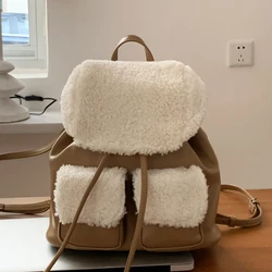 Korean Plush Backpack For Women Luxury Designer Handbag And Purse 2023 New In PU Faux Imitation Iambswool Small Vintage Shoulder