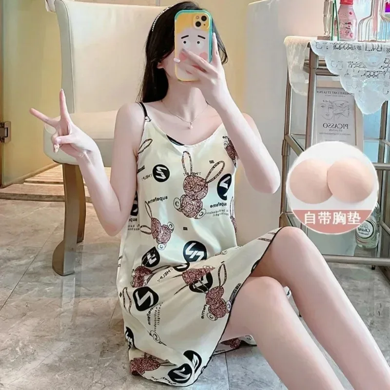 Sling Pajamas with Chest Pads Integrated Sexy Women's Pajamas Summer Ice Silk Cartoon Girl Loungewear Sexy Sleepwear