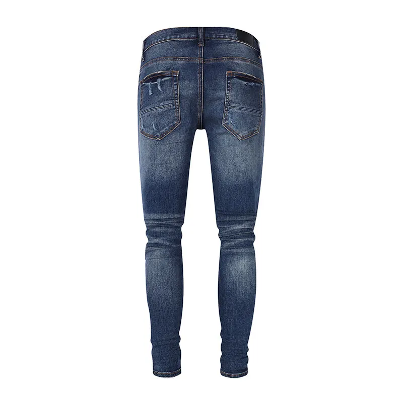 High Street Fashion Men's High Quality Jeans Vintage Dark Blue Elastic Tight Split Jeans Men's Red Patch Designer Hip Hop Brand