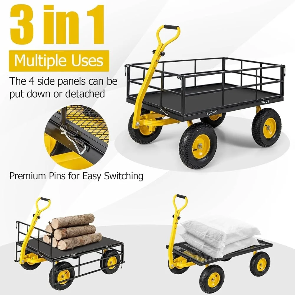 Heavy Duty Garden Utility Cart 1200lbs Capacity Removable Sides Rotating Handle Durable Metal Wagon with 13in Wheels