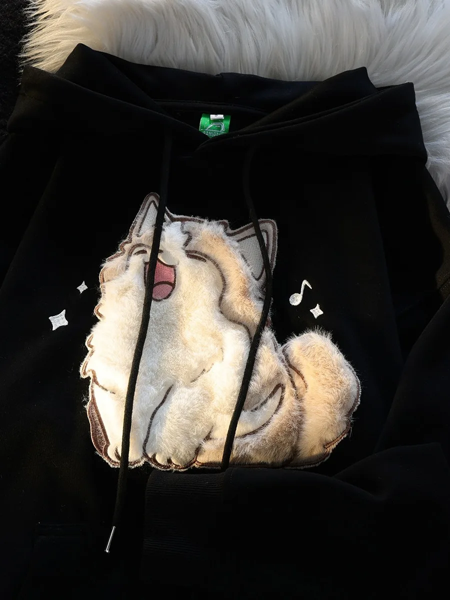 CGC Autumn Winter Plus Velvet Loose Women Hoodies Kawaii Cartoon Print Couple Sweatshirts Casual Long Sleeve Pullovers Outerwear