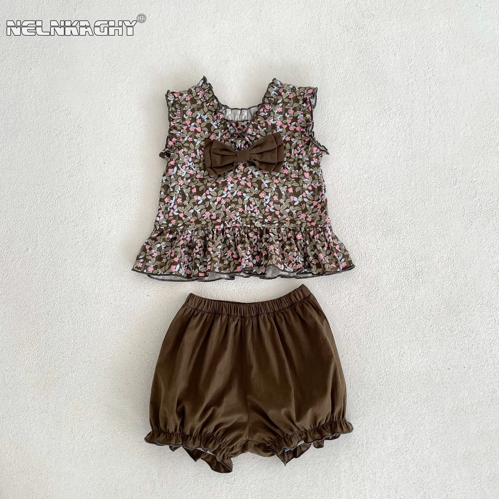 

New In Summer Kids Baby Girls Sleeveless Floral Ruched Bow Top T-shirts+solid Shorts Toddler Infant Clothing Children Set 2pcs
