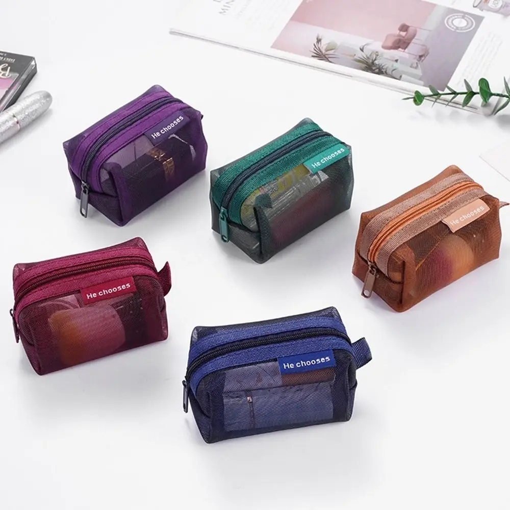 Makeup bag retro color mesh zipper storage transparent cosmetic toiletry organizer case for girls