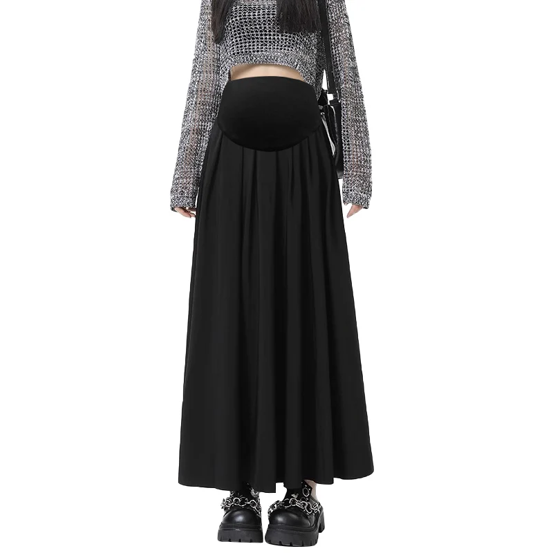 High Quality Spring New Suit Front and Back Pleated Pregnant Women's Long Skirt Pockets Abdomen Stretching Maternity Long Skirt