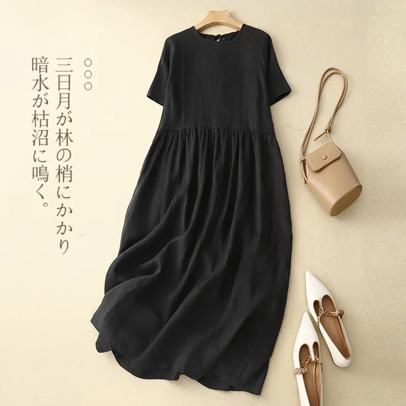 

Summer Cotton Linen Dress Women Literary Big Swing Short Sleeve Solid Loose Casual Female Long Dresses Breathable